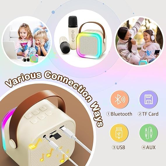 Portable Wireless Karaoke Machine with 6 Voice Effects, Hi-Fi Bluetooth Speaker with LED Lights