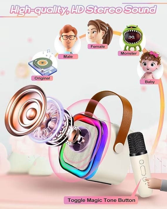 Portable Wireless Karaoke Machine with 6 Voice Effects, Hi-Fi Bluetooth Speaker with LED Lights