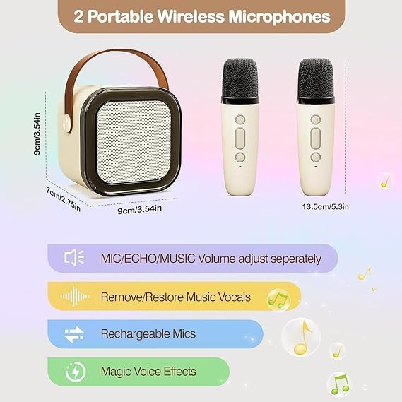 Portable Wireless Karaoke Machine with 6 Voice Effects, Hi-Fi Bluetooth Speaker with LED Lights