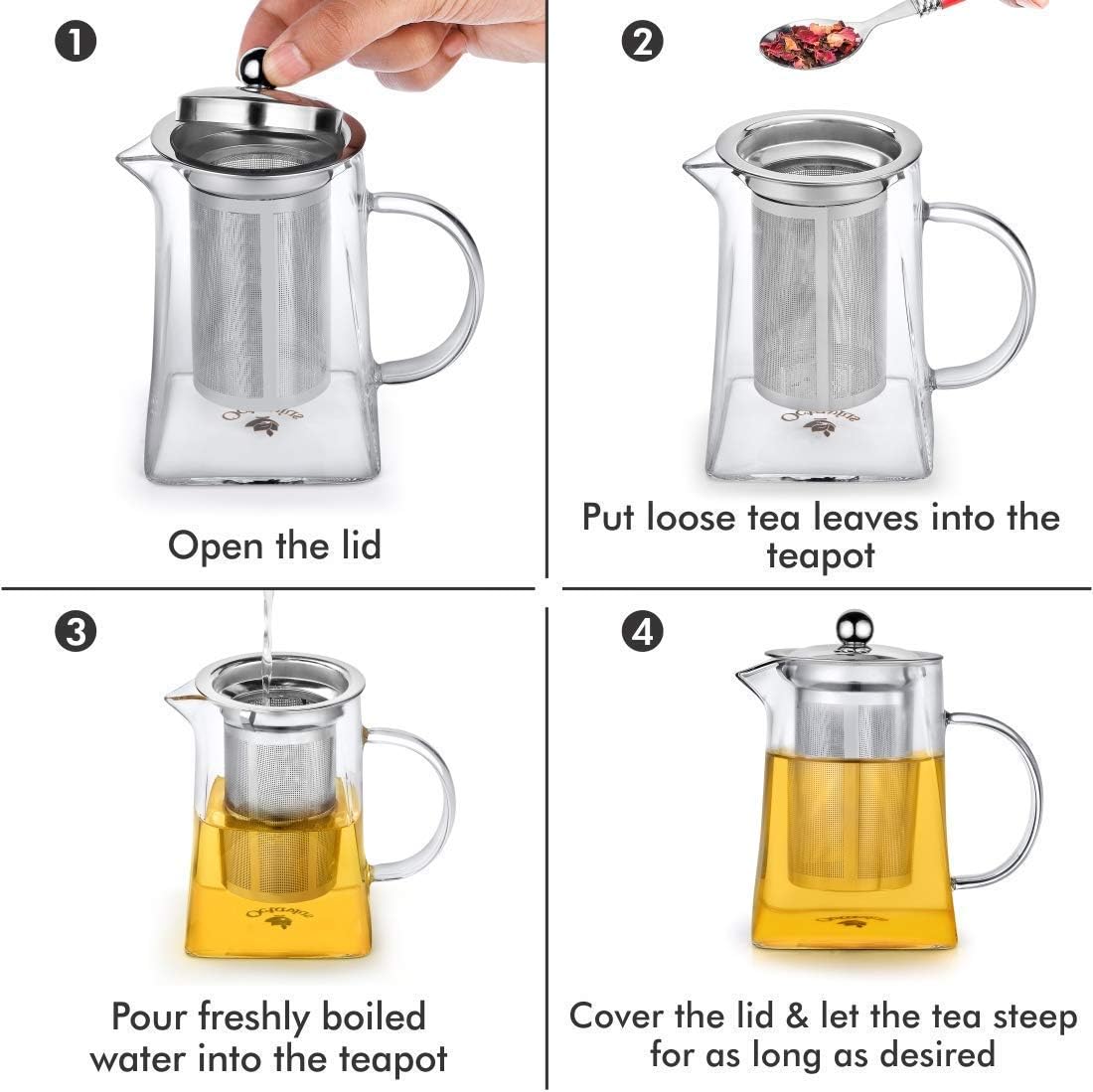 Glass Herbal Tea Pot with Stainless Steel Filter 750mls / 1000mls