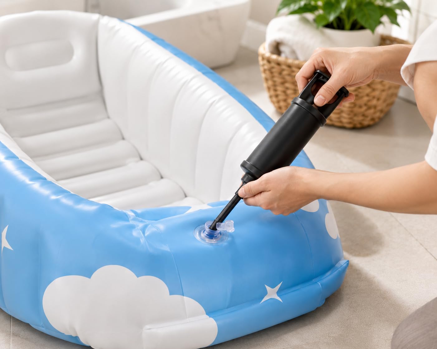 Inflatable Baby Bathtub, Blue & White, Non-Toxic PVC