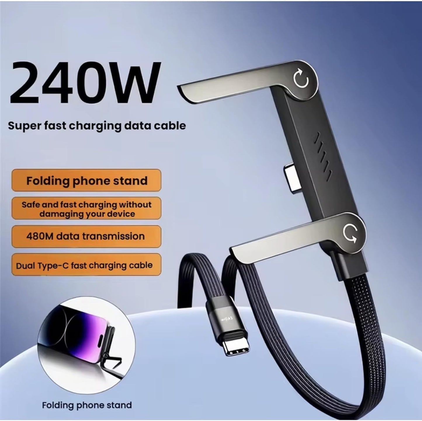 240W USB C to USB C Fast Charging Cable 1.5M with Foldable Adjustable Phone Stand