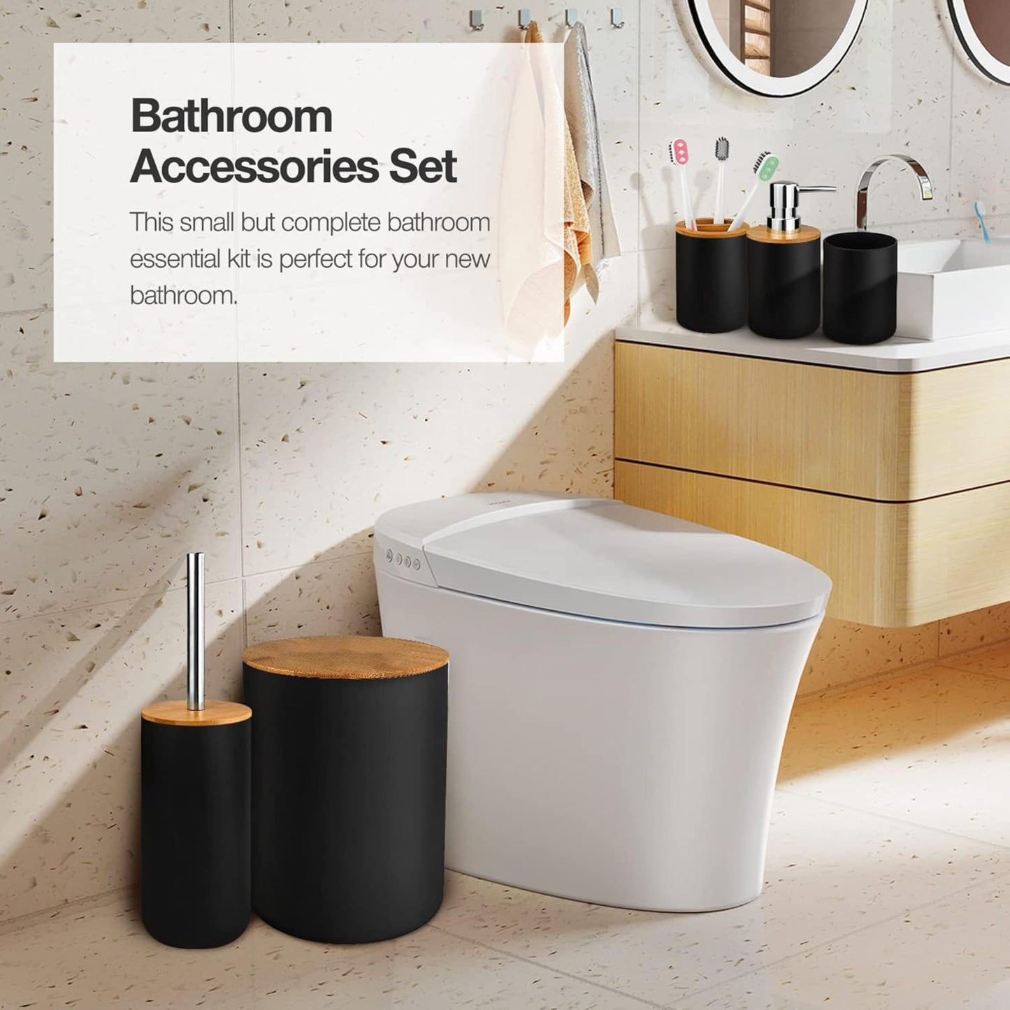 6-pcs Bathroom Accessory Set Includes Toothbrush Cup & Holder, Soap Dispenser, Soap Dish, Durable Toilet Brush with Holder
