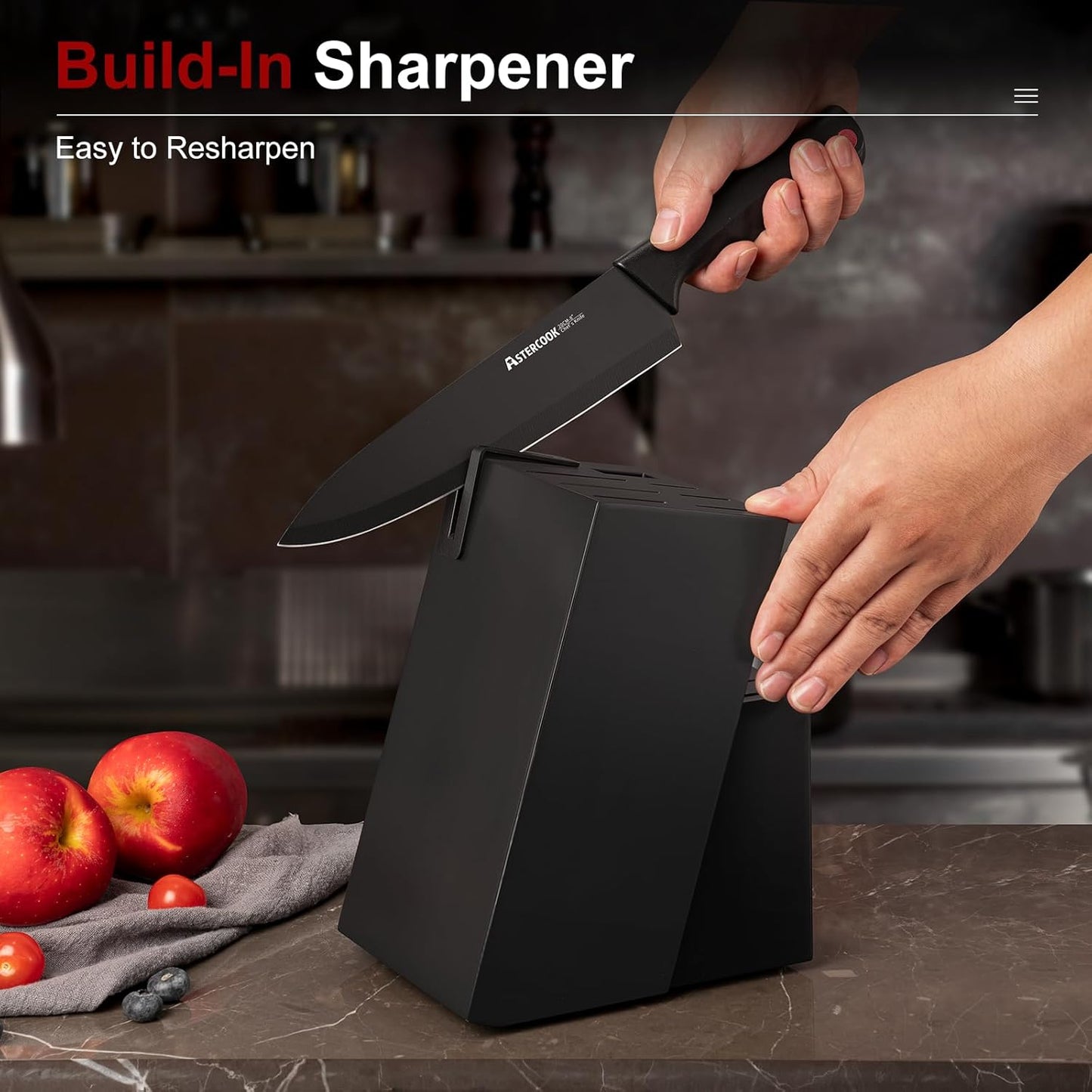 Astercook 15 Piece Knife Set with Sharpener Block - German Stainless Steel