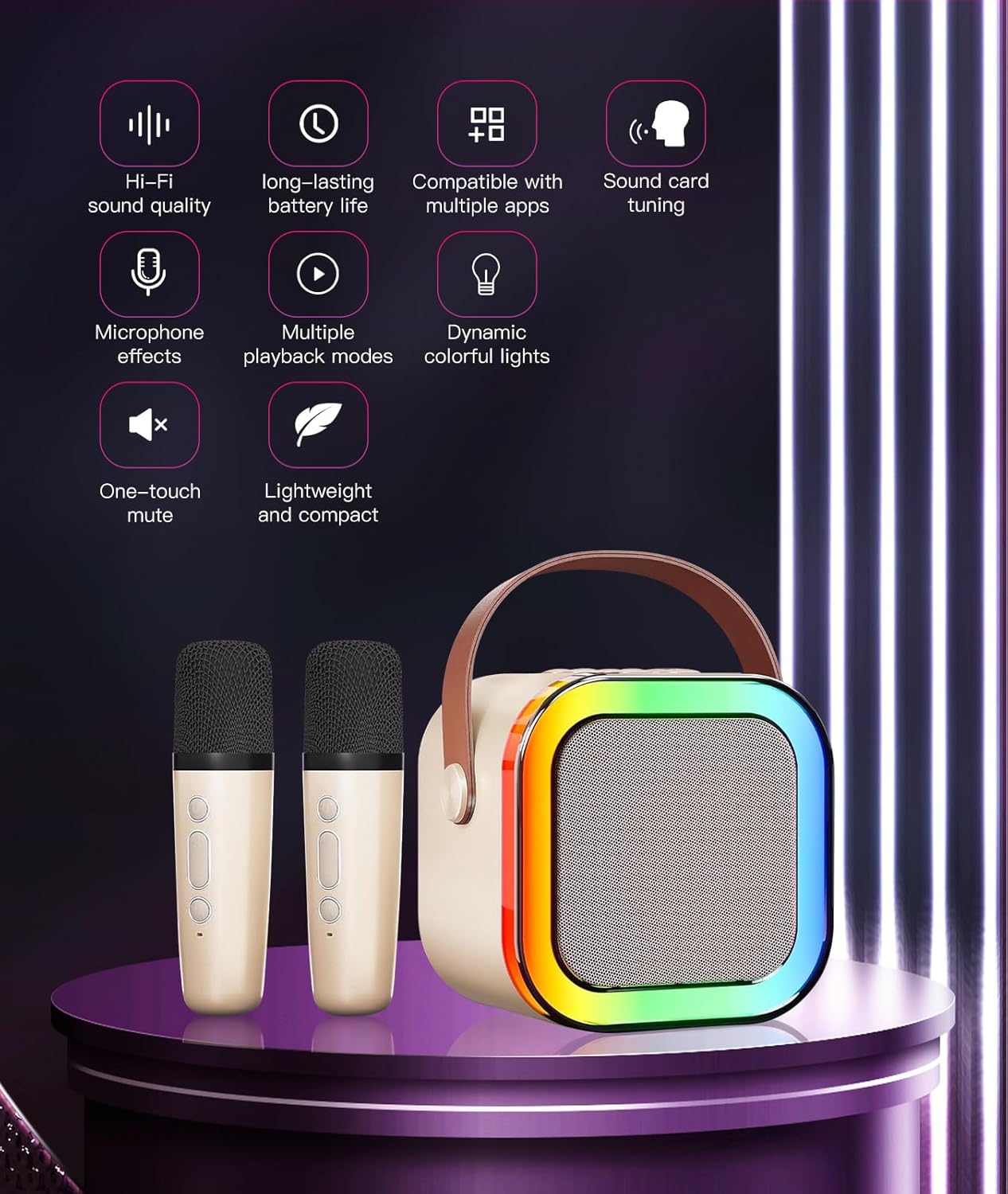 Portable Wireless Karaoke Machine with 6 Voice Effects, Hi-Fi Bluetooth Speaker with LED Lights