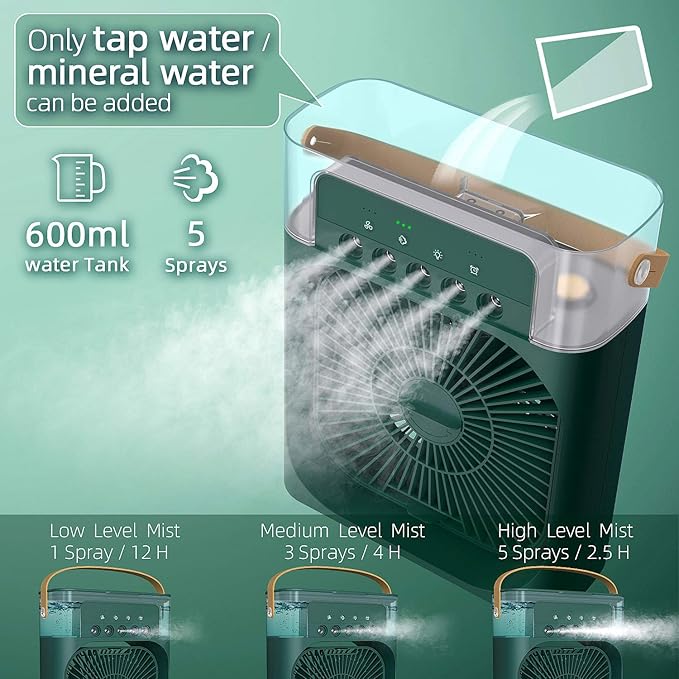 Portable Air Conditioner, Cooling Fan (20cm x 9cm x 26cm) with Ice Tray and 5 Mist, 7 Night Light, 8H Timer