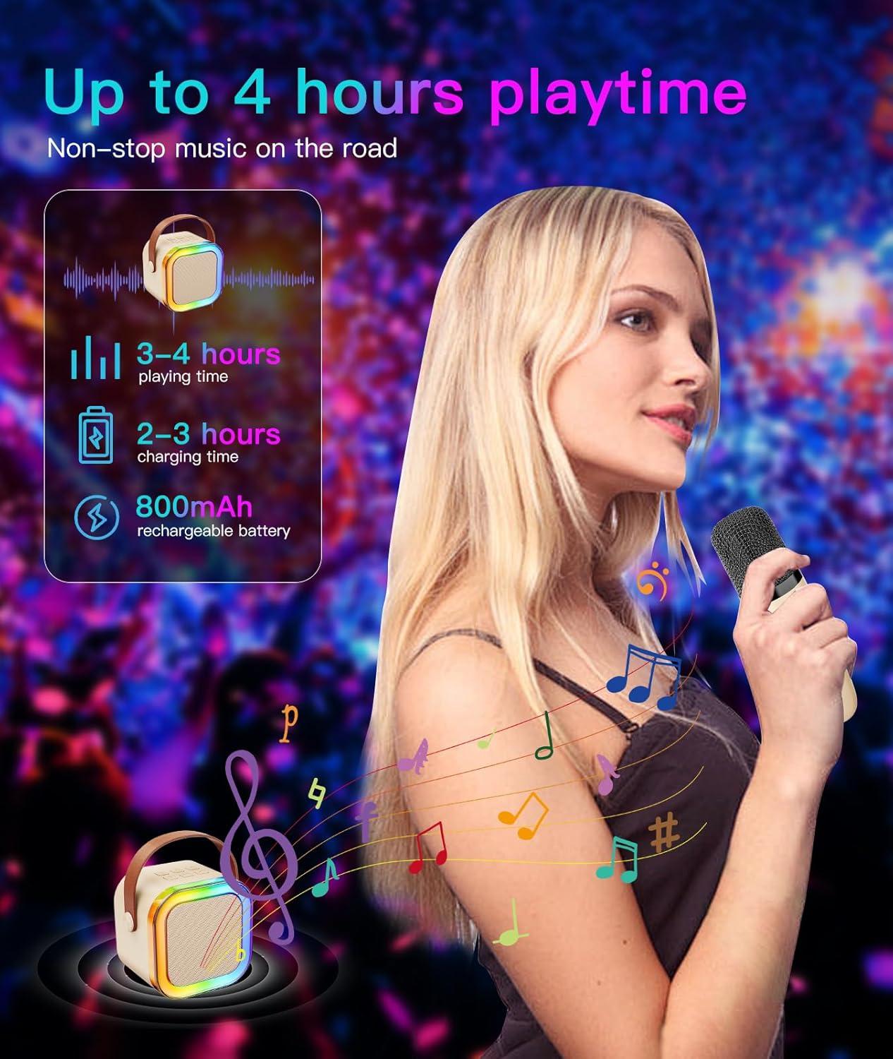 Portable Wireless Karaoke Machine with 6 Voice Effects, Hi-Fi Bluetooth Speaker with LED Lights