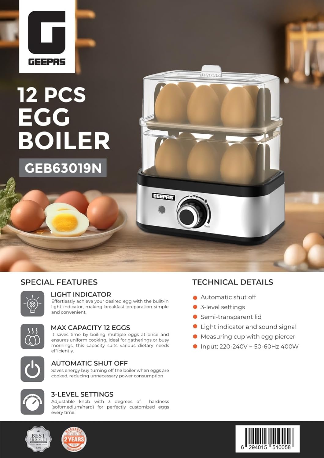 Geepas 2 in 1 Egg Boiler and Poacher – Capacity for 12 Eggs