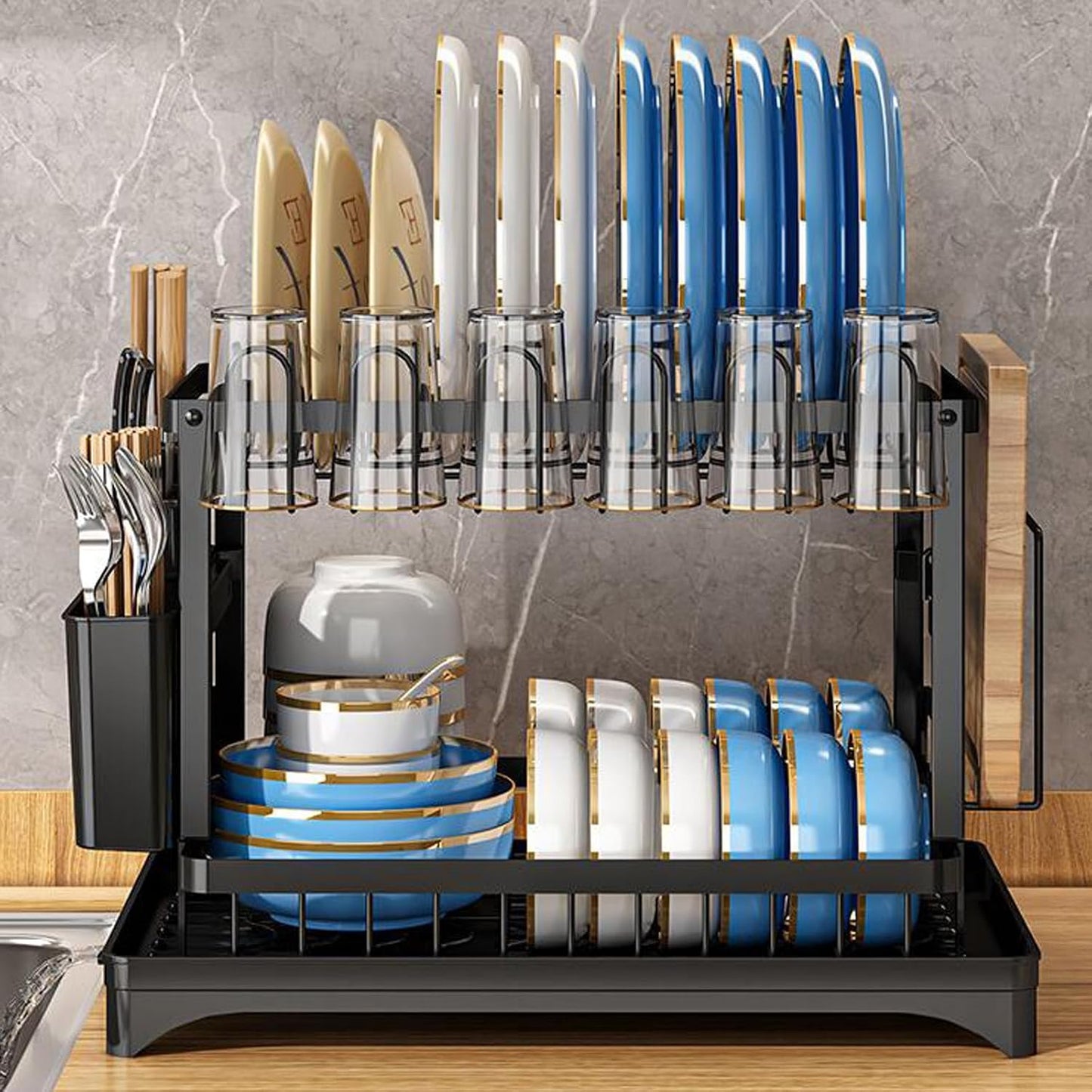 Dish Drying Rack,2 Tier Drying Rack Kitchen with Drainboard