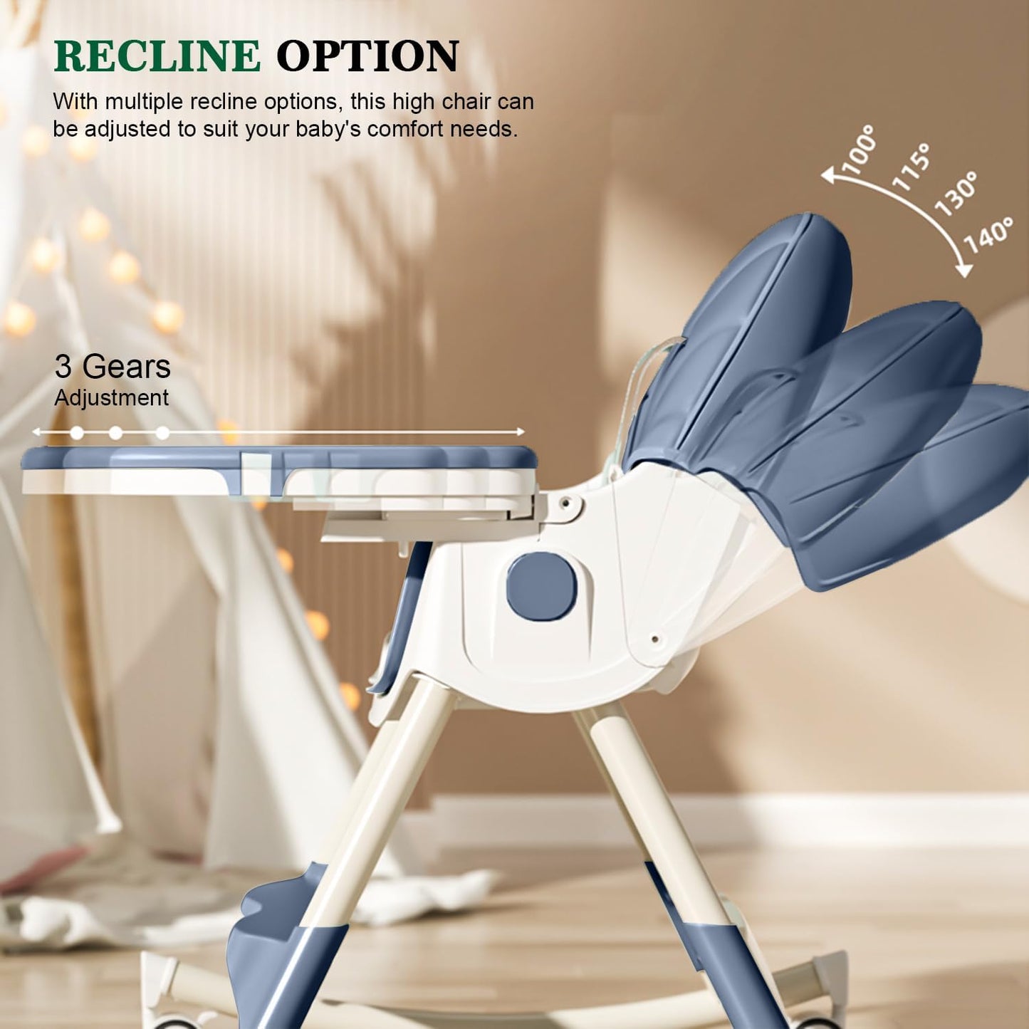 High Portable Foldable feeding chair For Babies and Toddlers With Wheels, Dining Booster Seat and Removable Tray