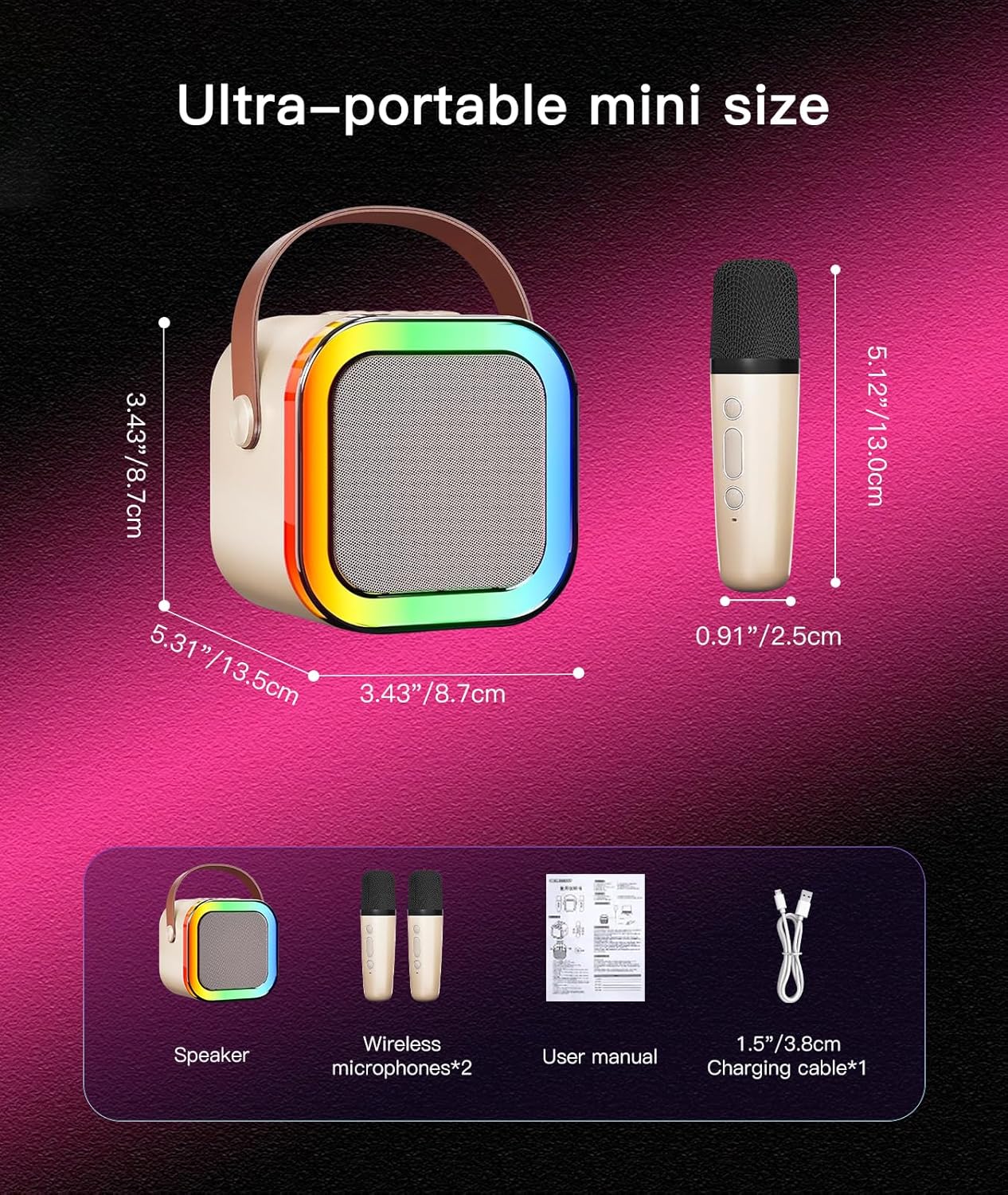 Portable Wireless Karaoke Machine with 6 Voice Effects, Hi-Fi Bluetooth Speaker with LED Lights