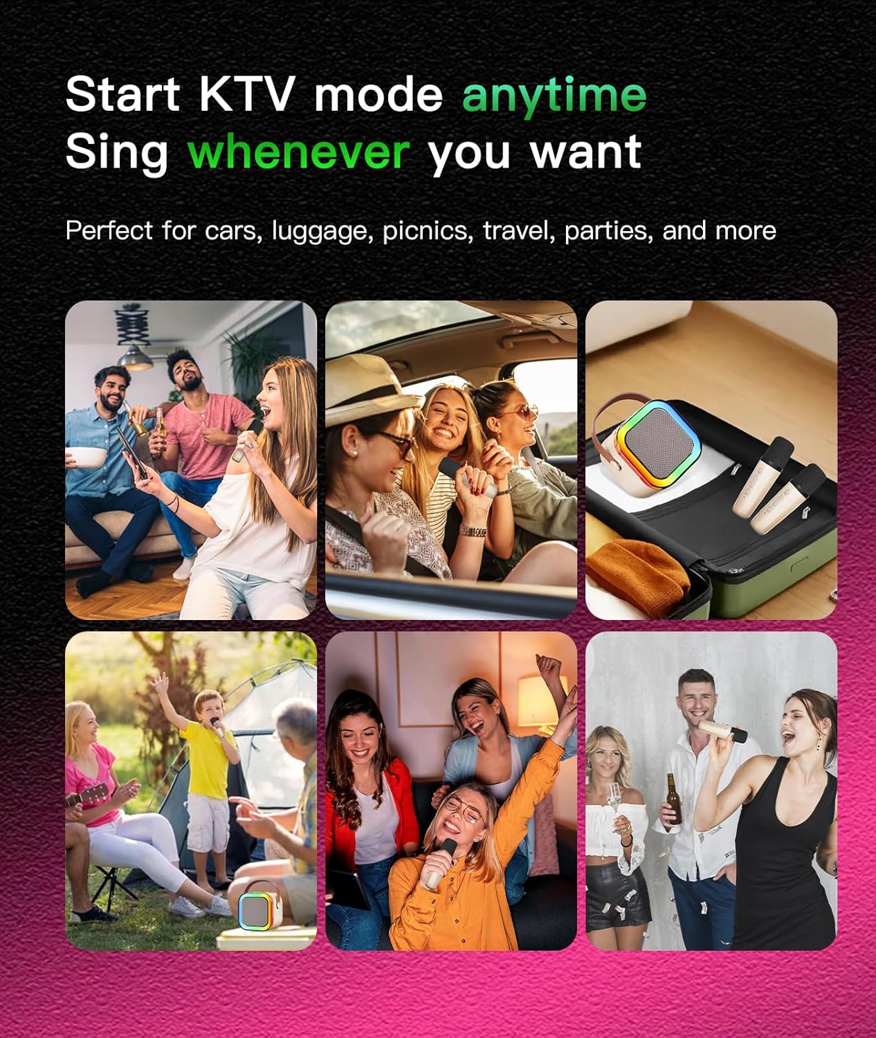 Portable Wireless Karaoke Machine with 6 Voice Effects, Hi-Fi Bluetooth Speaker with LED Lights