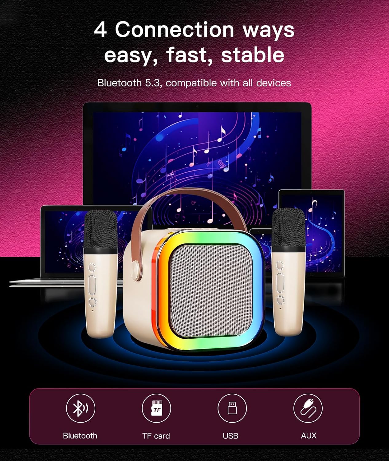 Portable Wireless Karaoke Machine with 6 Voice Effects, Hi-Fi Bluetooth Speaker with LED Lights