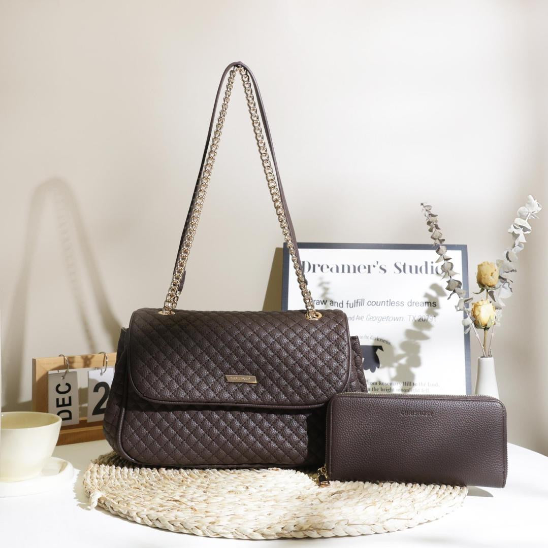 Women’s Quilted Shoulder Bag & Matching Clutch Set
