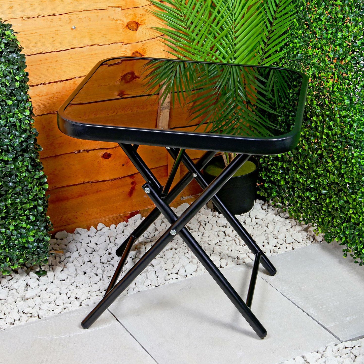 Black Glass Side Table with two foldable chairs , Garden Furniture For Indoors And Outdoor