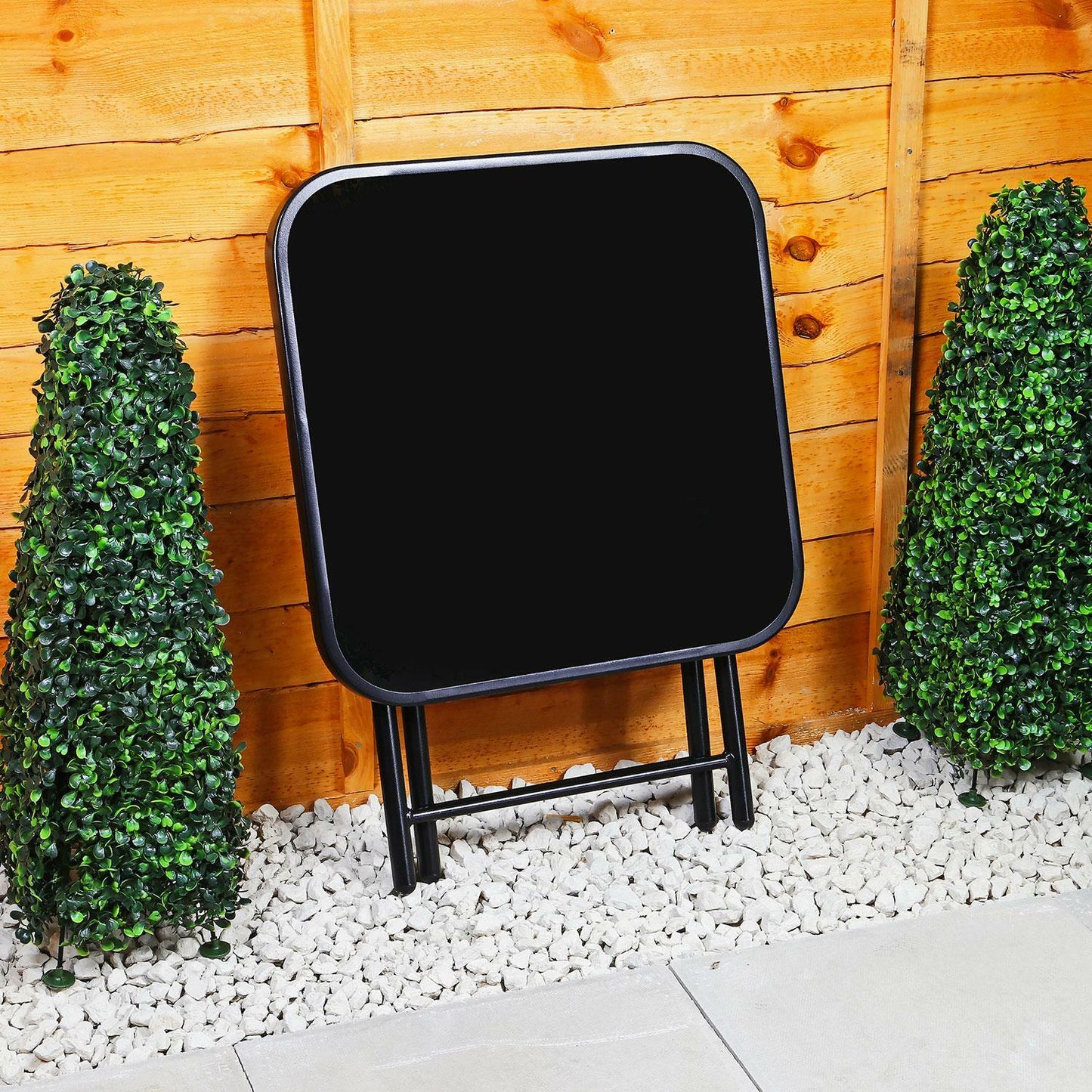 Black Glass Side Table with two foldable chairs , Garden Furniture For Indoors And Outdoor