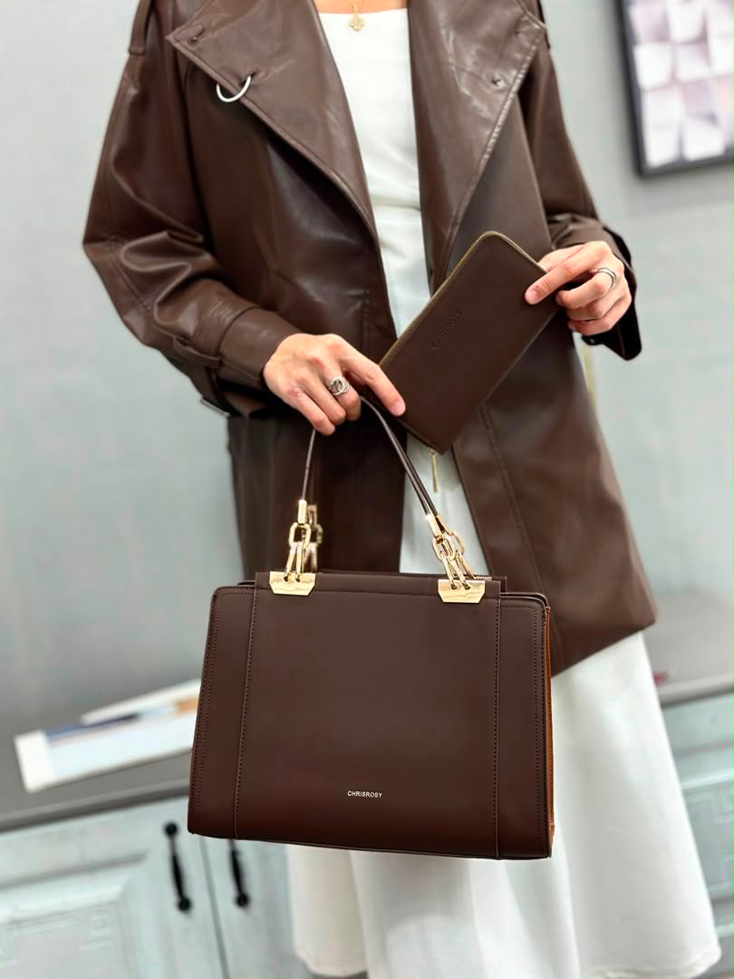 Women’s Structured Handbag Set with Matching Wallet & Shoulder Strap