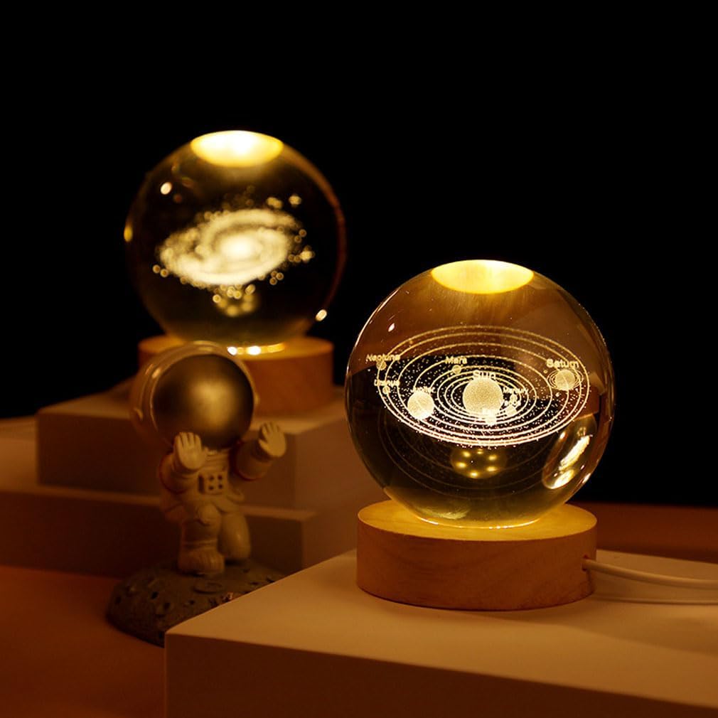 3D Crystal Ball Night Light Clear Galaxy LED Light with Wooden Base