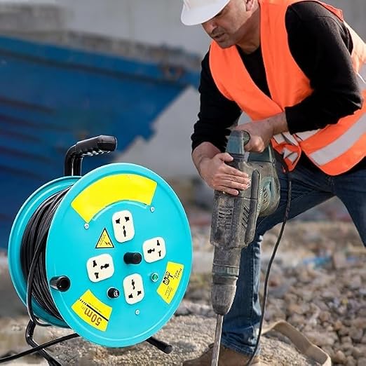 50m Heavy Duty Industrial Extension Cable Reel, 4-Socket Electric Power Line