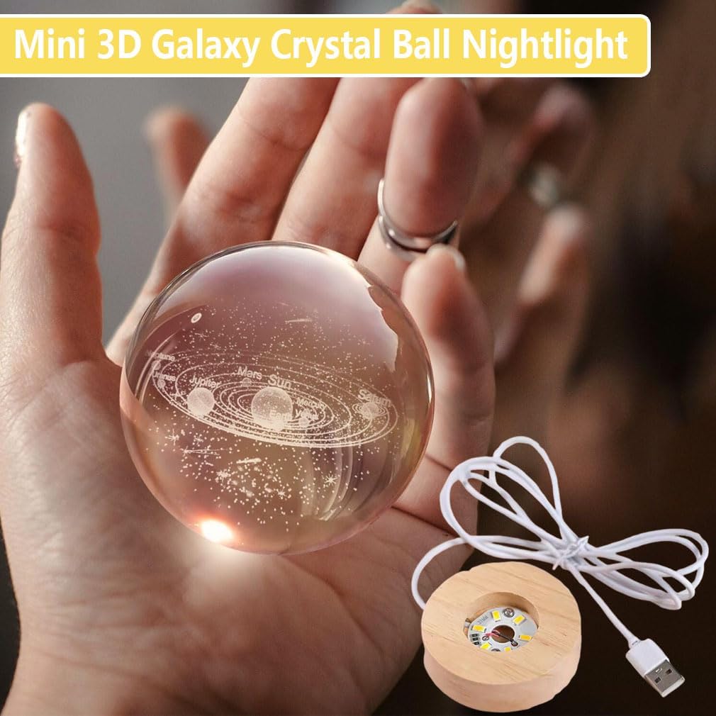 3D Crystal Ball Night Light Clear Galaxy LED Light with Wooden Base