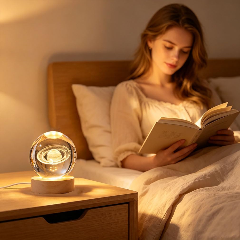 3D Crystal Ball Night Light Clear Galaxy LED Light with Wooden Base