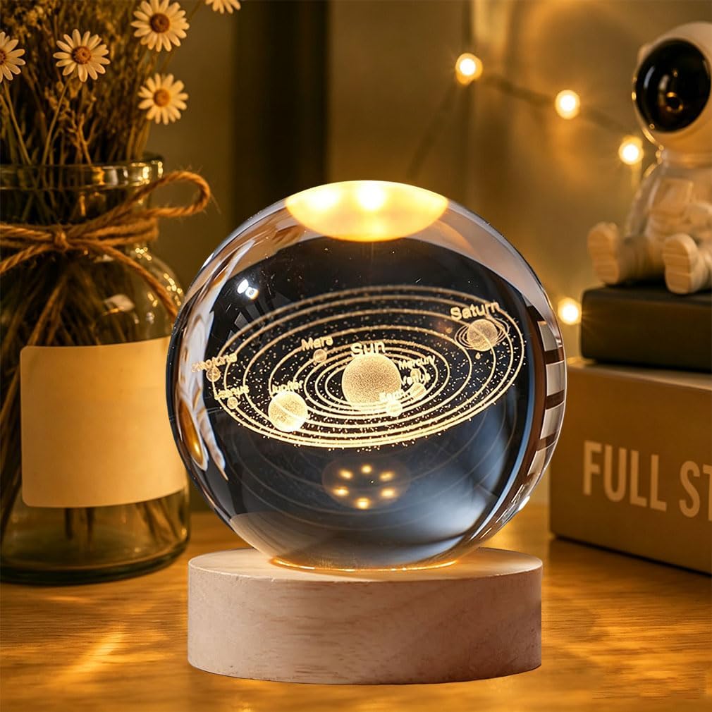 3D Crystal Ball Night Light Clear Galaxy LED Light with Wooden Base