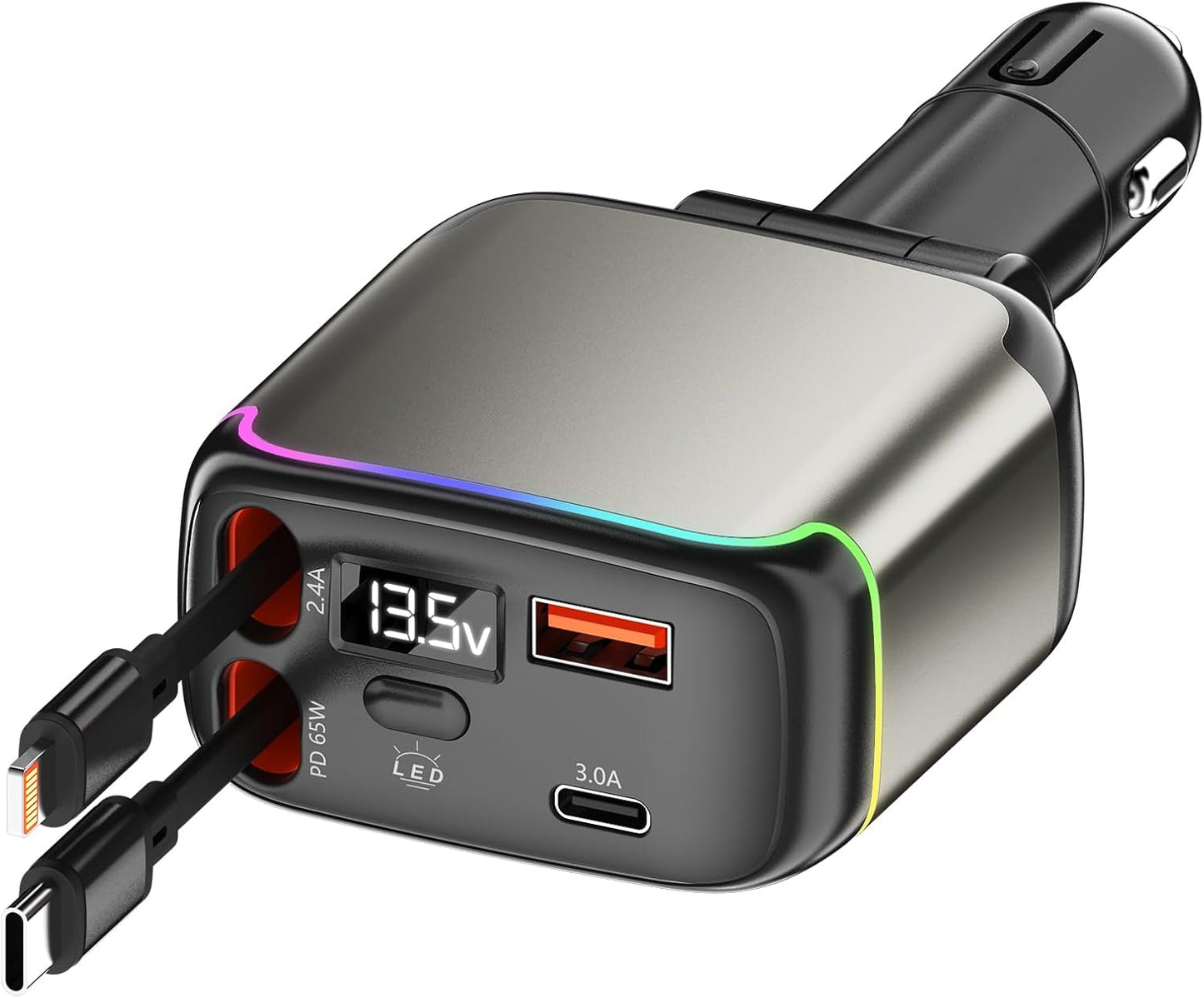 Retractable Car Charger with Built-in 2 65W Type-C Cable