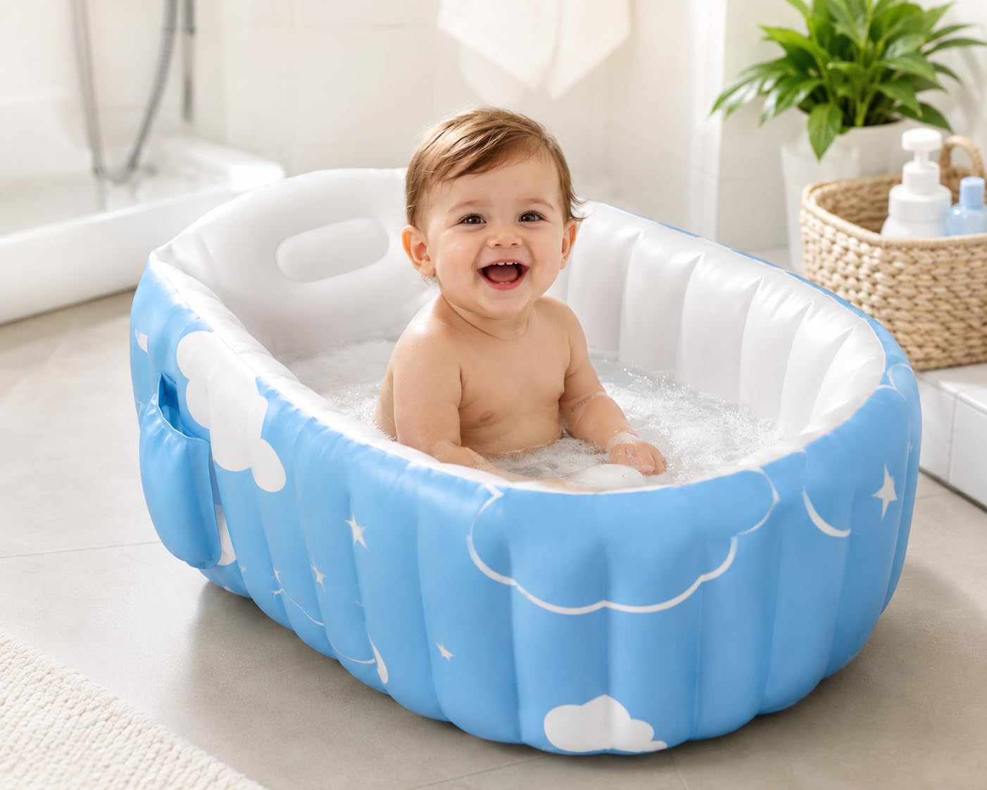 Inflatable Baby Bathtub, Blue & White, Non-Toxic PVC