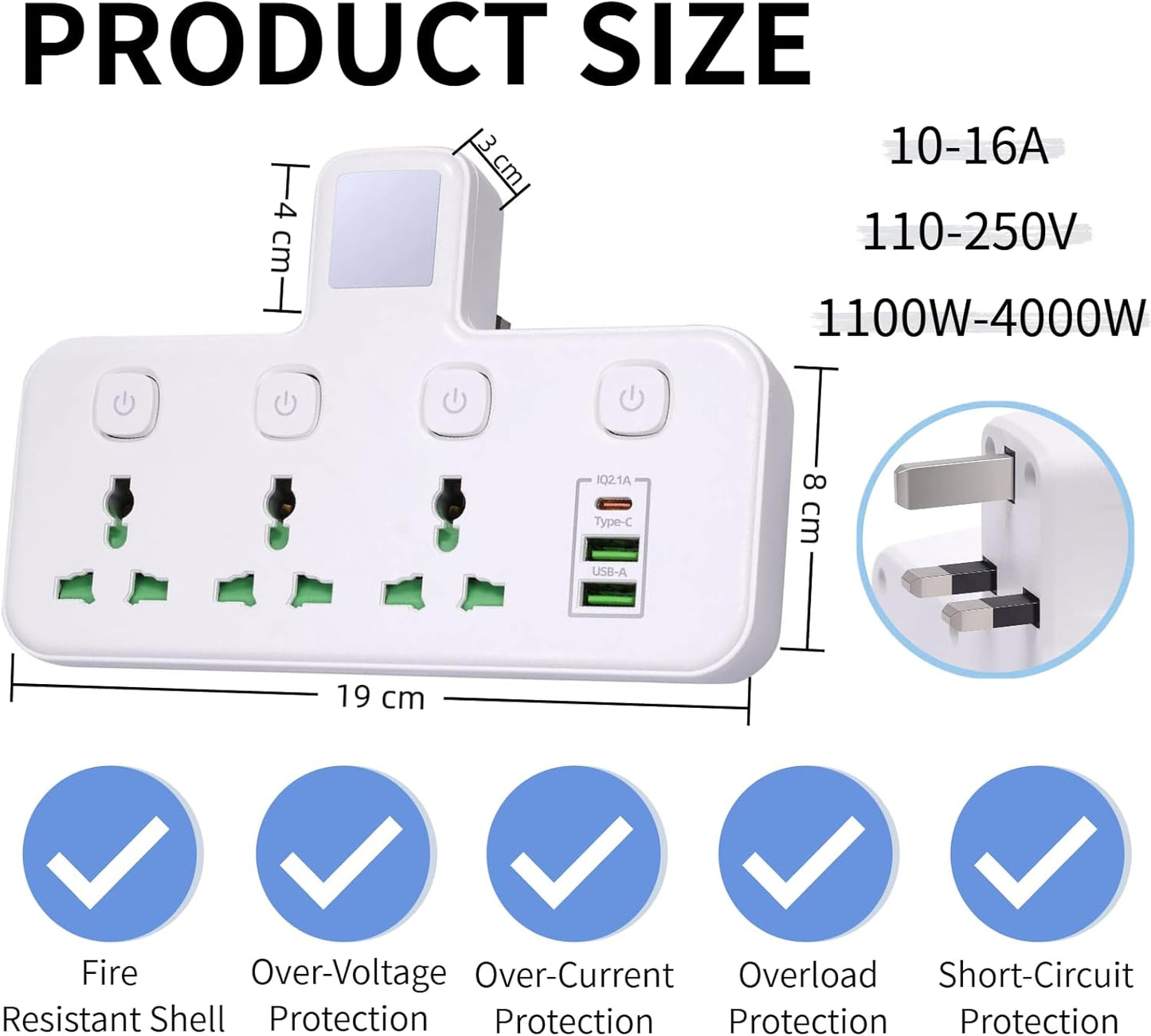 Power Strip Surge Protector Multi Plug Adapter USB Extension Socket Wall Charger