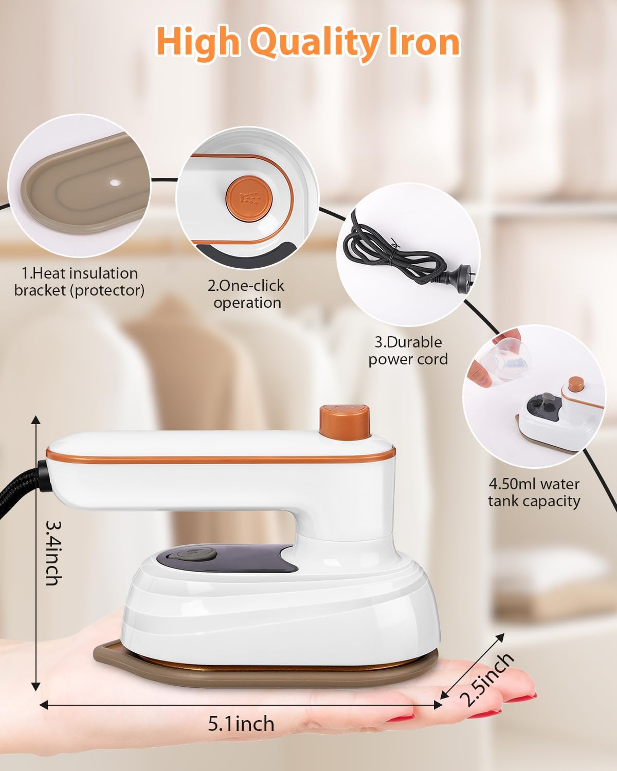 2 in 1 Travel Steamer Iron,160x80mm, 15s Rapid Heating