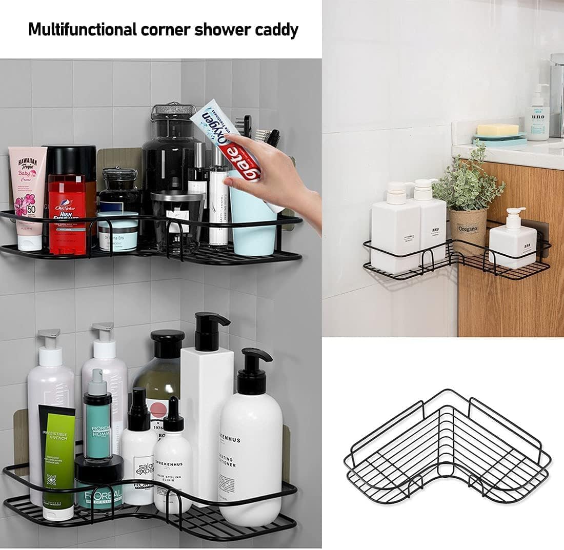 2Pcs Corner Shower Shelves，Self Adhesive No Drilling Wall Mounted Shower Storage Shelf Organizer For Your Bathroom, Kitchen And Toilet，Iron Art，Black