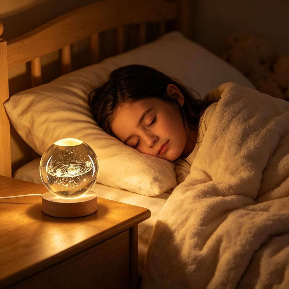 3D Crystal Ball Night Light Clear Galaxy LED Light with Wooden Base