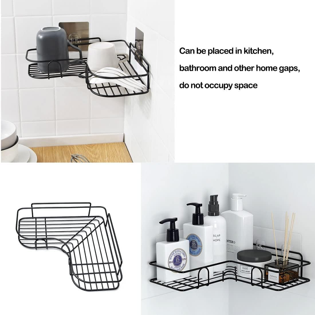 2Pcs Corner Shower Shelves，Self Adhesive No Drilling Wall Mounted Shower Storage Shelf Organizer For Your Bathroom, Kitchen And Toilet，Iron Art，Black