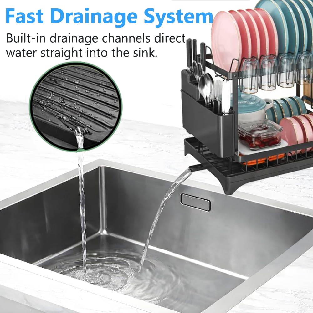 Dish Drying Rack,2 Tier Drying Rack Kitchen with Drainboard