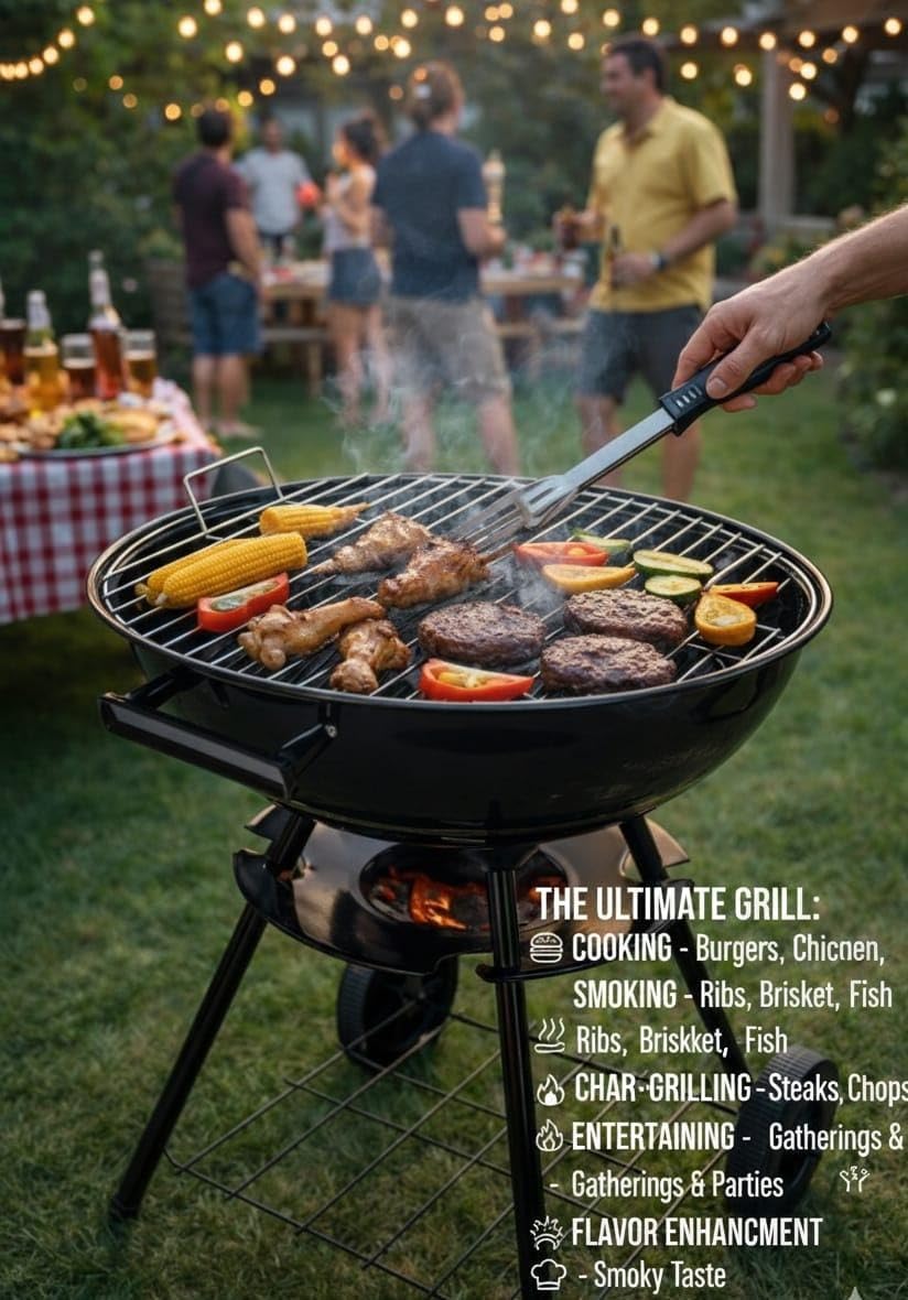 Portable Outdoor Charcoal BBQ Grill with Lid, Adjustable Air Vent