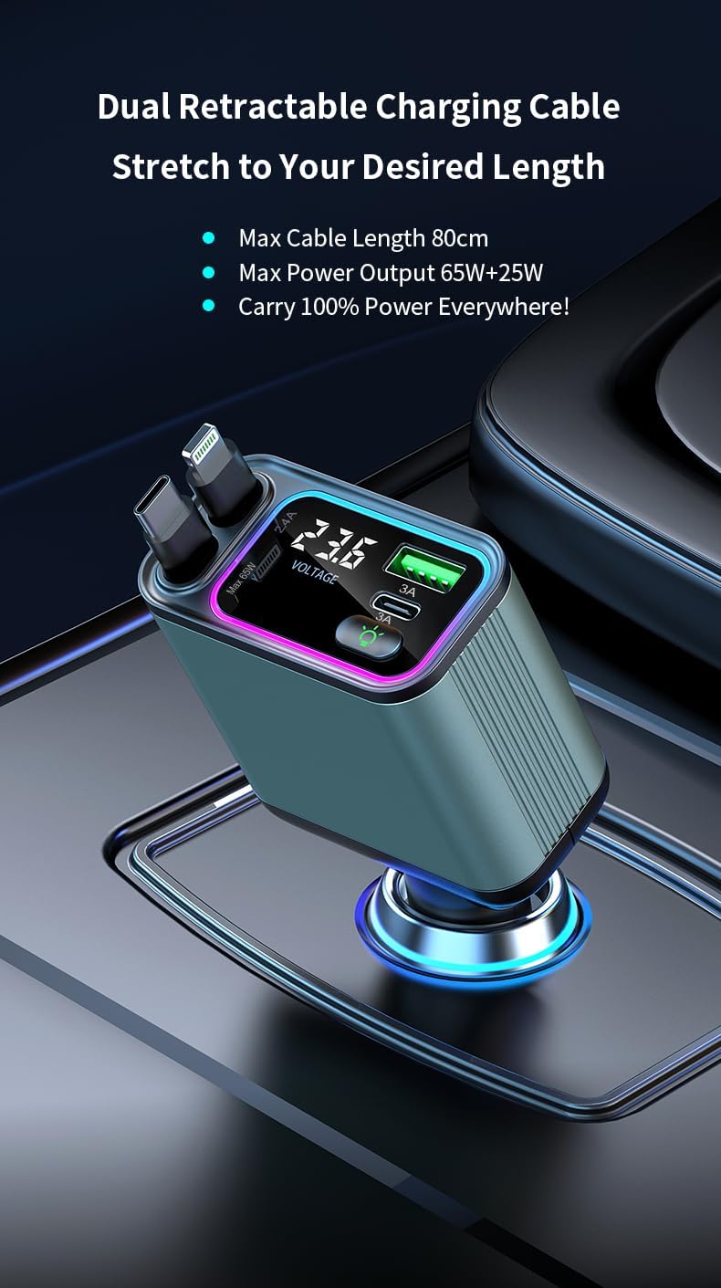 Retractable Car Charger with Built-in 2 65W Type-C Cable