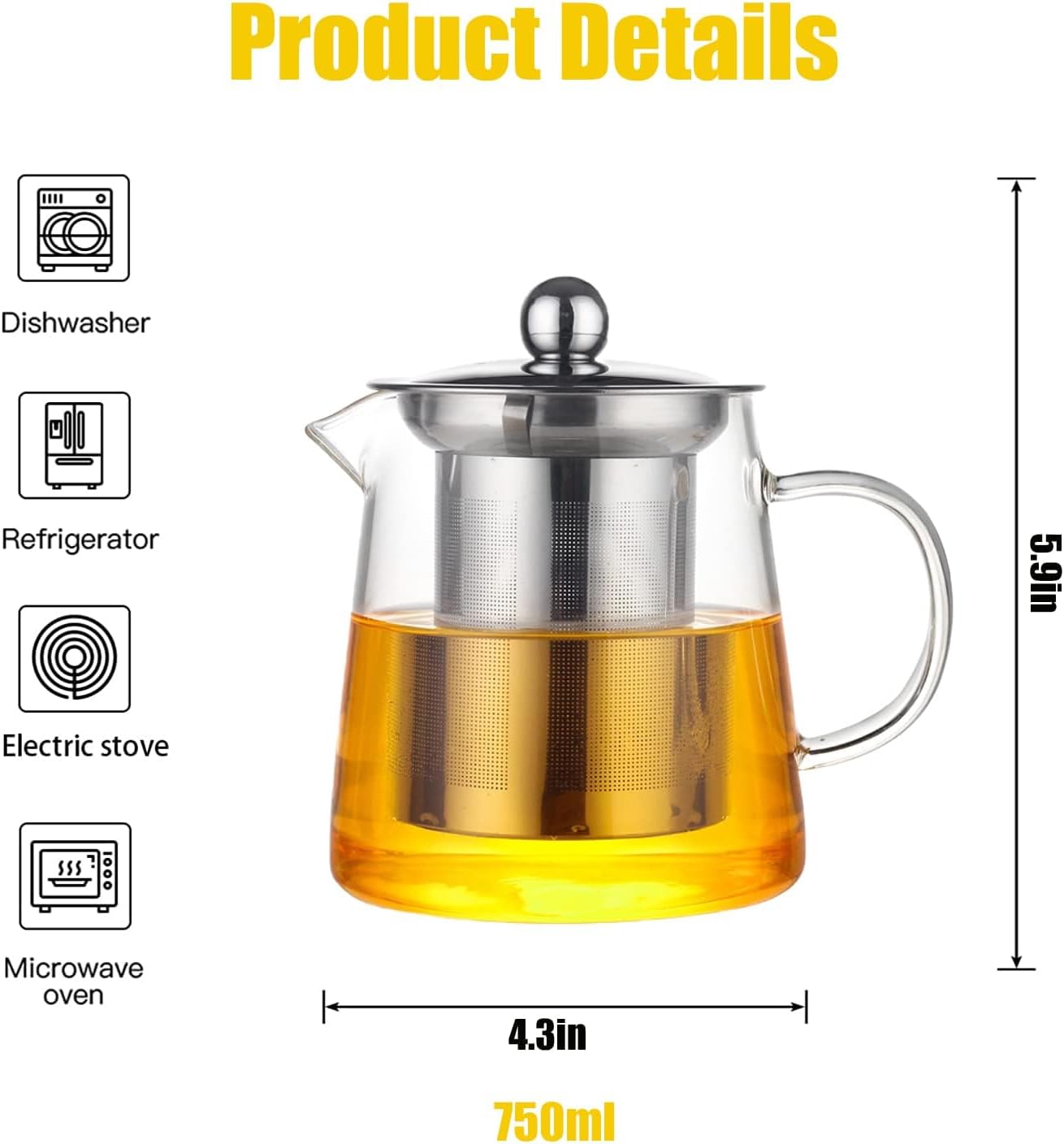 Glass Herbal Tea Pot with Stainless Steel Filter 750mls / 1000mls