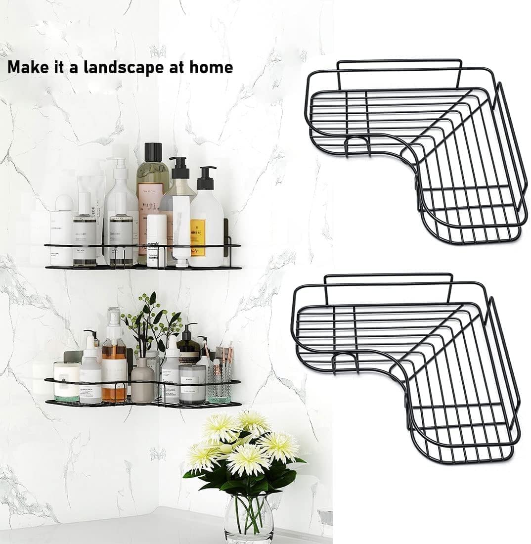 2Pcs Corner Shower Shelves，Self Adhesive No Drilling Wall Mounted Shower Storage Shelf Organizer For Your Bathroom, Kitchen And Toilet，Iron Art，Black