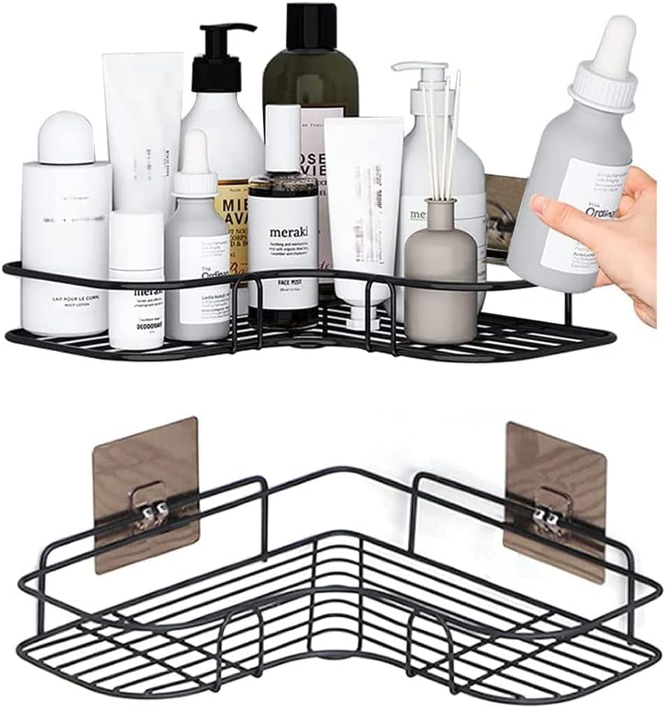 2Pcs Corner Shower Shelves，Self Adhesive No Drilling Wall Mounted Shower Storage Shelf Organizer For Your Bathroom, Kitchen And Toilet，Iron Art，Black