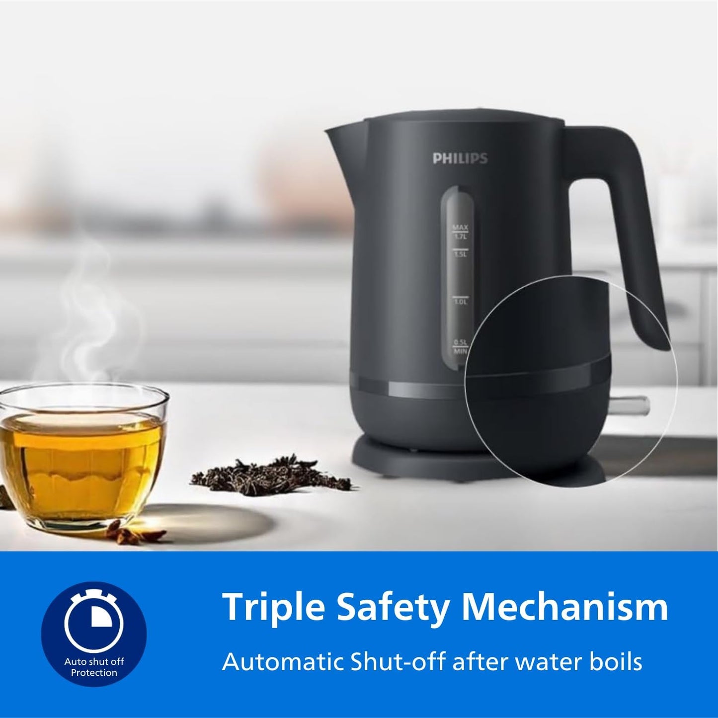 Philips Kettle - 2200W, 1.7L, 360° pirouette base, On/Off