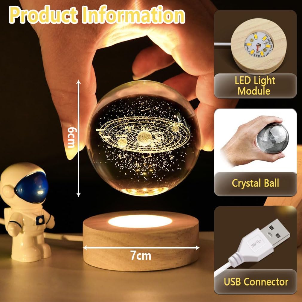 3D Crystal Ball Night Light Clear Galaxy LED Light with Wooden Base