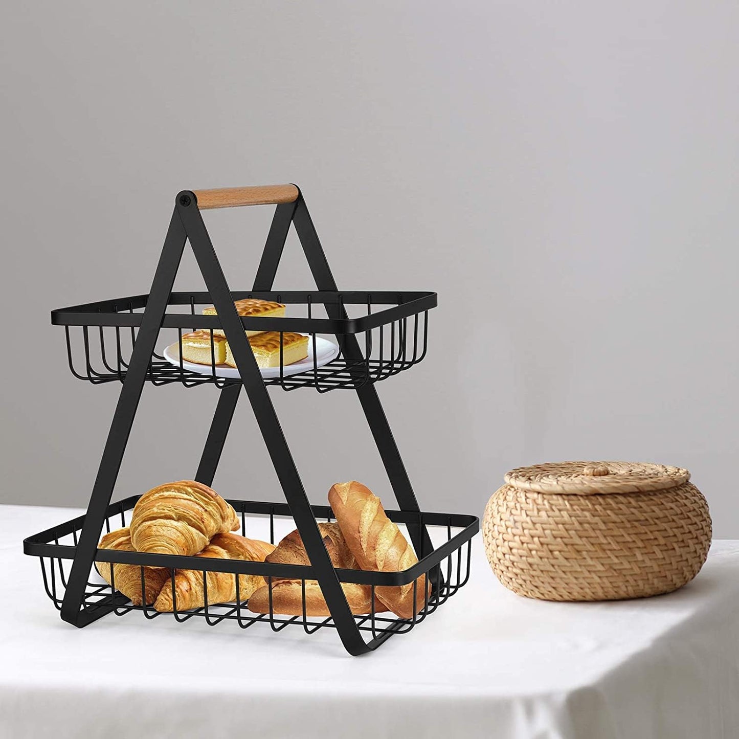 2-Tier Fruit Basket for Kitchen Counter – Detachable Metal Storage Bowl