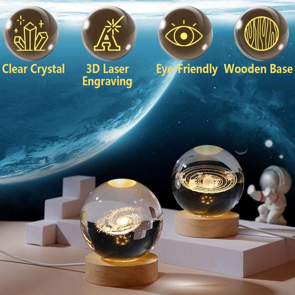 3D Crystal Ball Night Light Clear Galaxy LED Light with Wooden Base
