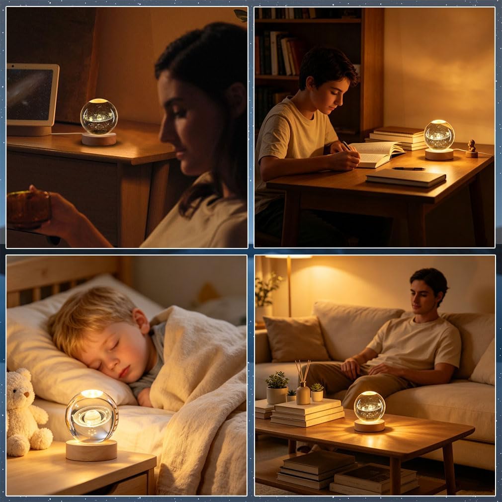 3D Crystal Ball Night Light Clear Galaxy LED Light with Wooden Base