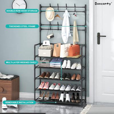 Black Shoe and Hat Rack - Hall Tree,Freestanding Shoe Rack, Coat Hat Umbrella Rack