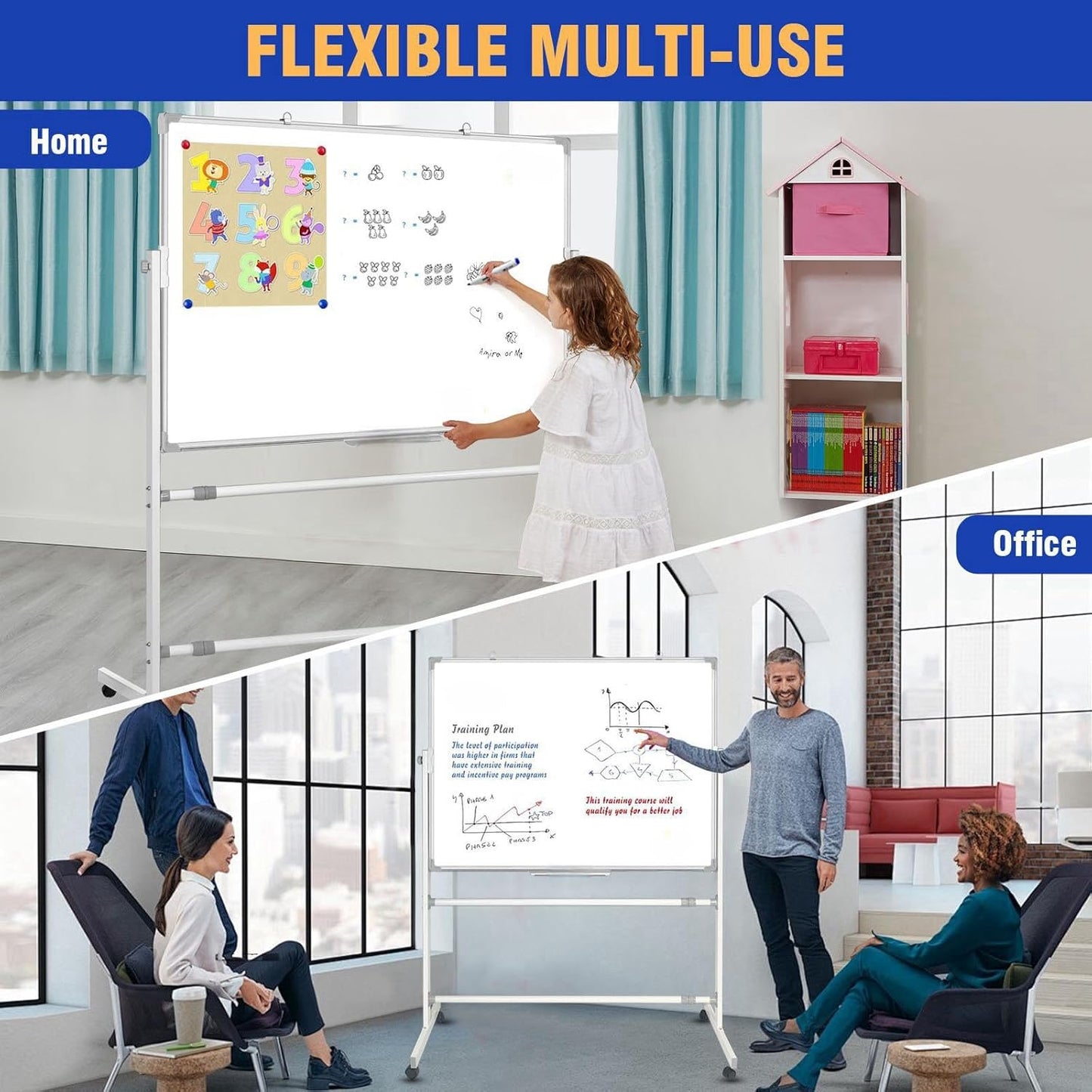 Double Sided Magnetic moveable whiteboard ,comes  with free magnetic Erasable markers (3pcs) & 1 duster eraser
