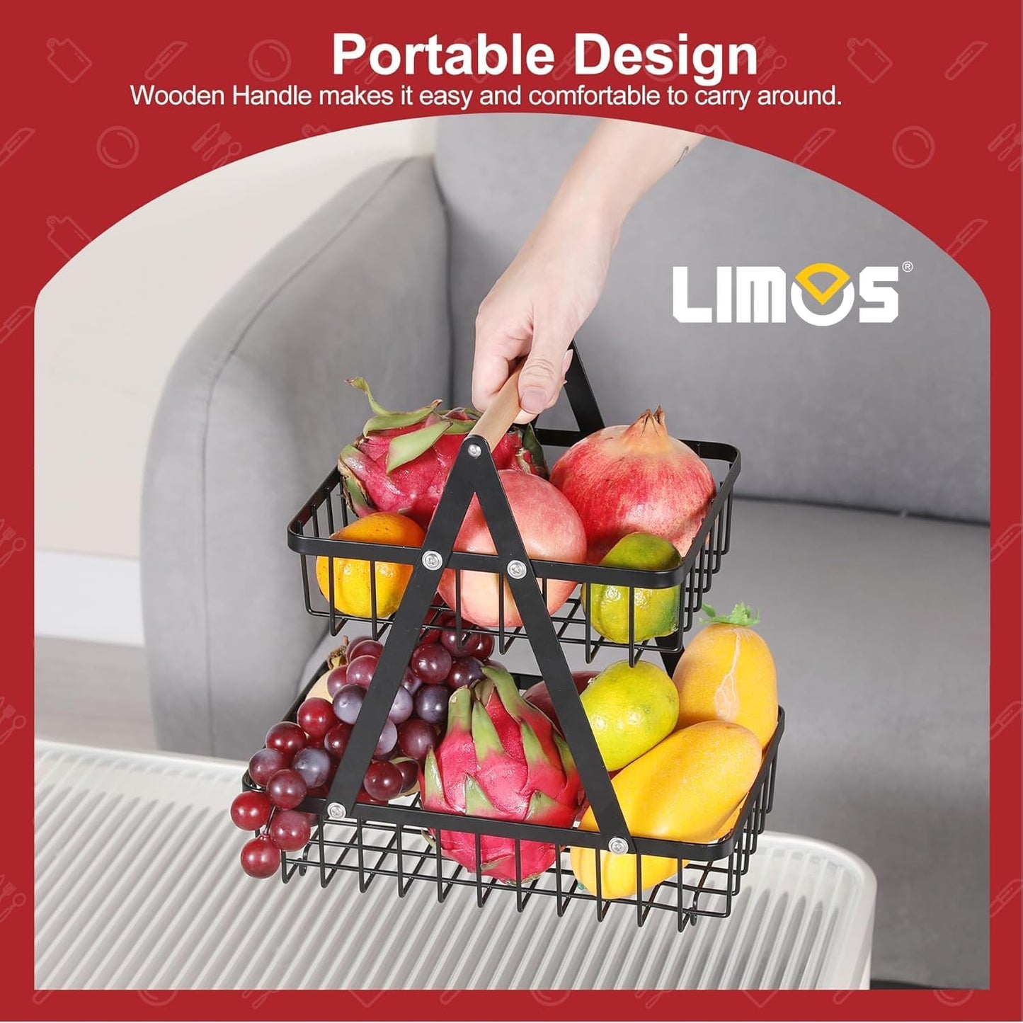 2-Tier Fruit Basket for Kitchen Counter – Detachable Metal Storage Bowl