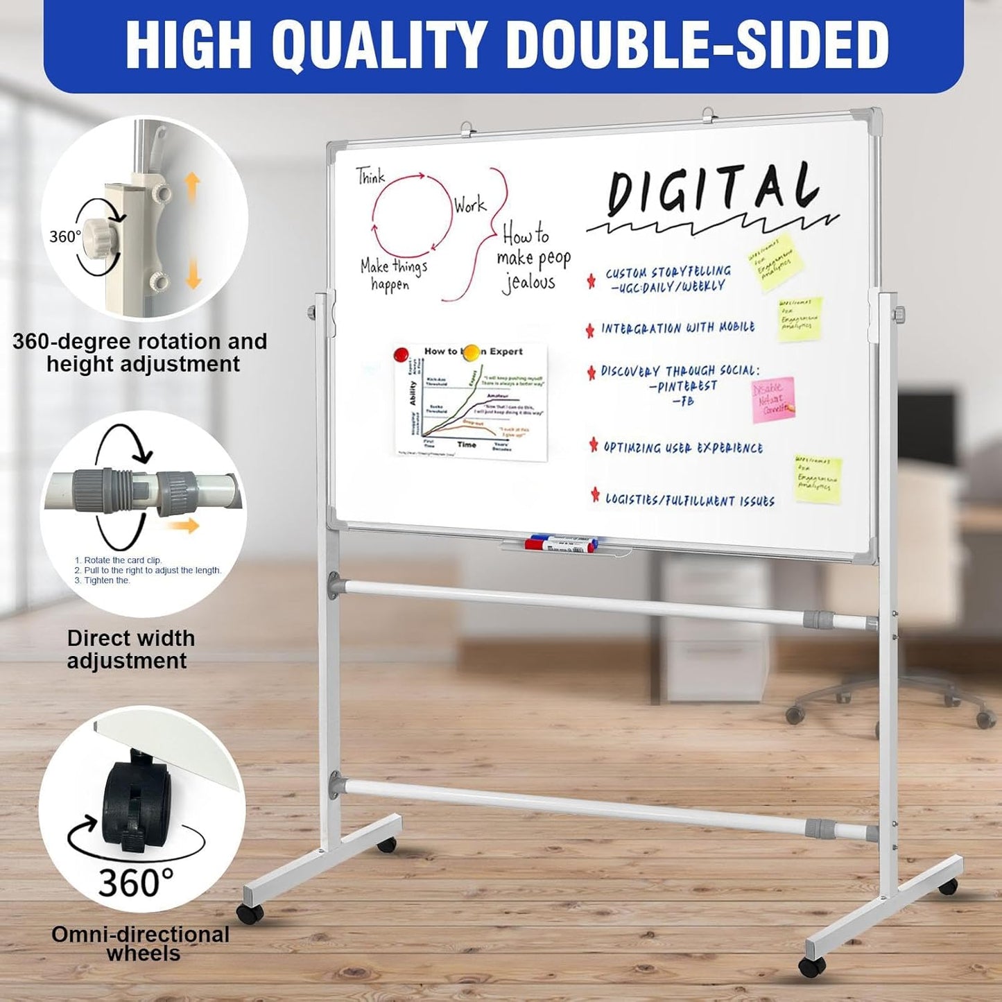 Double Sided Magnetic moveable whiteboard ,comes  with free magnetic Erasable markers (3pcs) & 1 duster eraser
