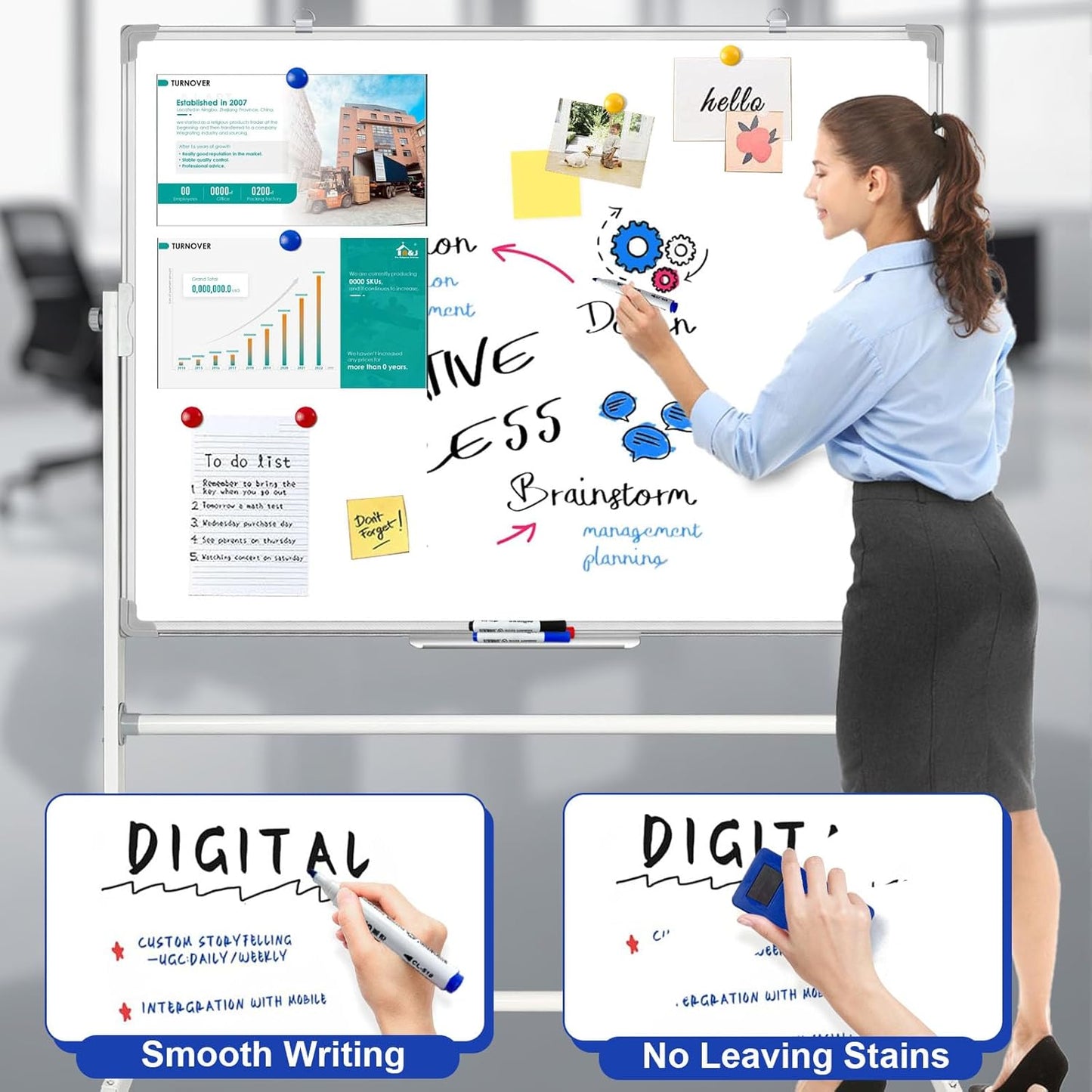 Double Sided Magnetic moveable whiteboard ,comes  with free magnetic Erasable markers (3pcs) & 1 duster eraser