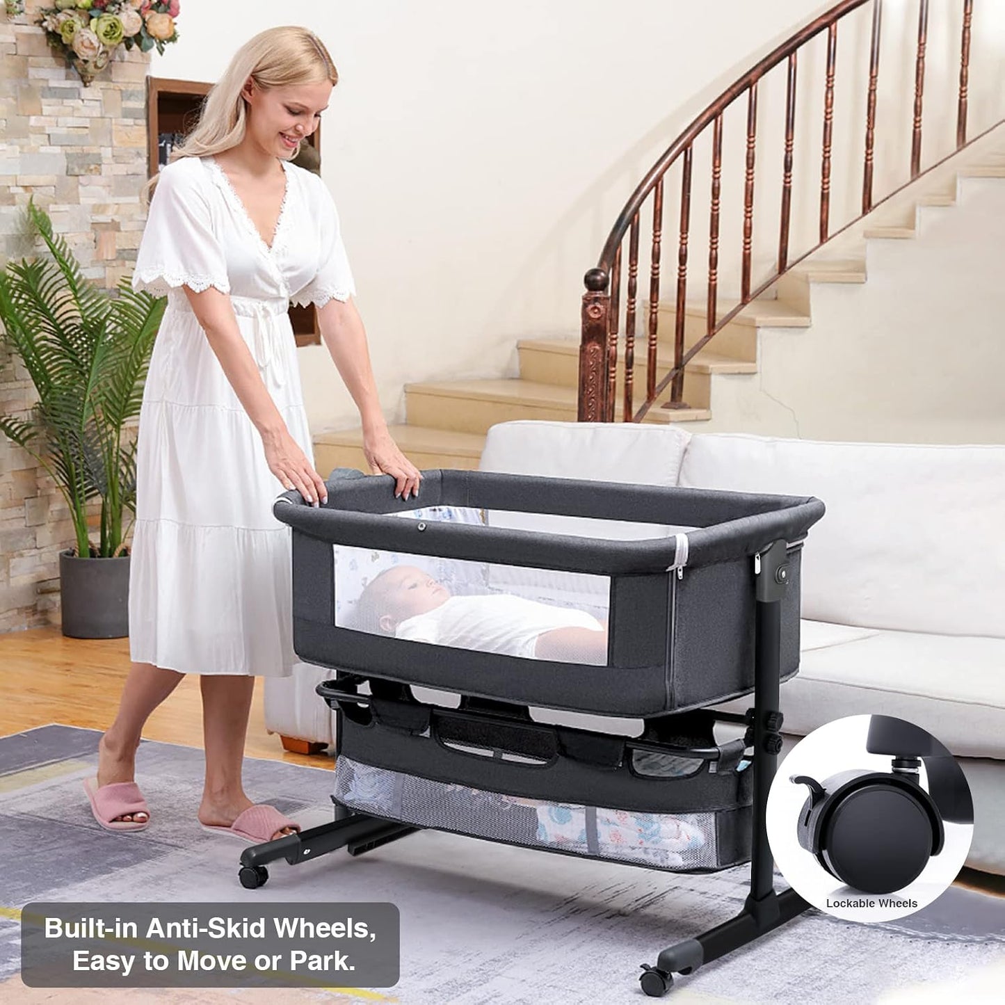 Baby Bassinet Bedside Sleeper Bedside Baby Crib - Portable Baby Bed with Wheels